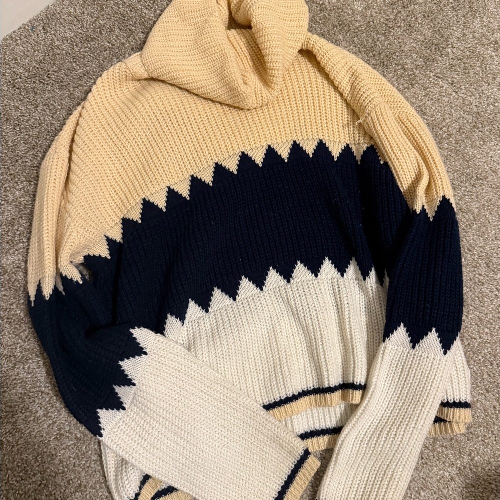 Pink Lily Cream and Navy Cowl Neck Sweater